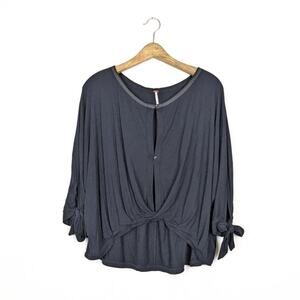 Free People Black Solid Keepin' On Button Blouse Size M